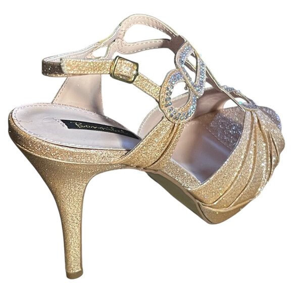 Glitzy Champagne Grandeur Rhinestone Peep Toe High Heels Strappy Dress Shoes - Picture 4 of 7